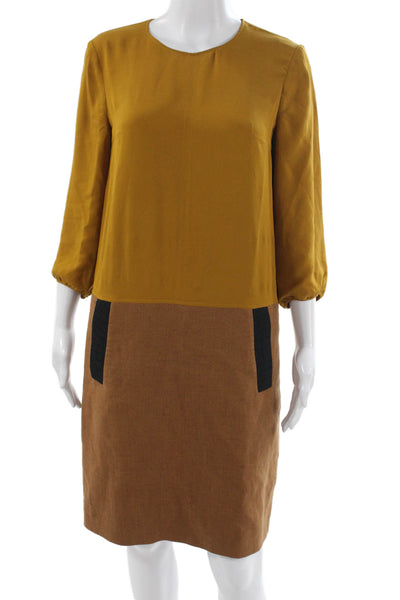 Longchamp Women Shift Dress Yellow Silk Colorblock 3/4 Sleeve Knee Size 36
