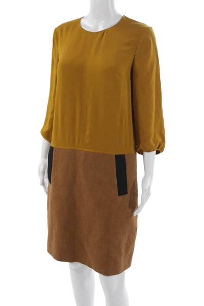 Longchamp Women Shift Dress Yellow Silk Colorblock 3/4 Sleeve Knee Size 36