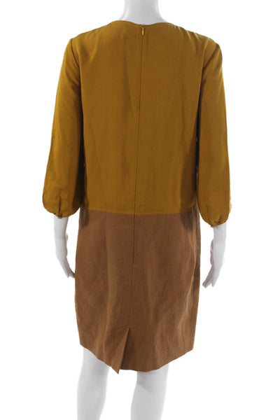 Longchamp Women Shift Dress Yellow Silk Colorblock 3/4 Sleeve Knee Size 36