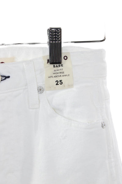 Amo Women High Rise Ankle Jeans White Cotton Blend Button Inseam 26 Size 25