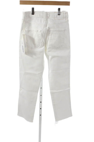 Amo Women High Rise Ankle Jeans White Cotton Blend Button Inseam 26 Size 25