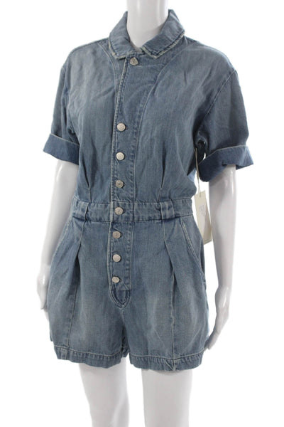 Amo Unisex Adults Blue Denim Button Up Jumpsuit Short Sleeve Collared Size M