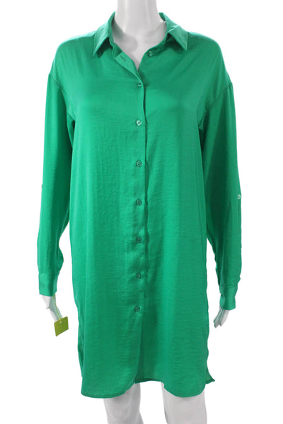 Renuar Women Button Front Collared Short Dress Long Sleeve Green Size L