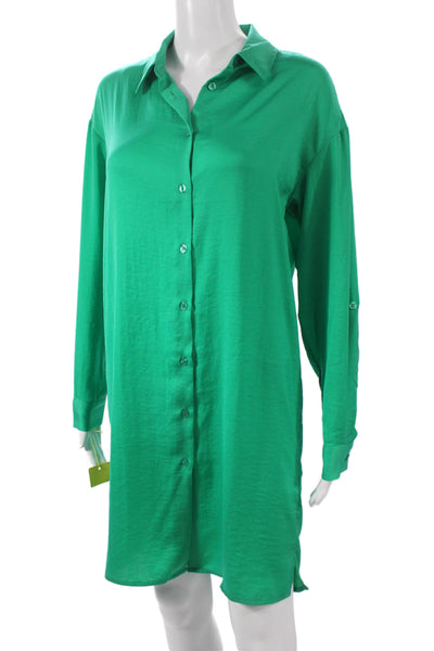 Renuar Women Button Front Collared Short Dress Long Sleeve Green Size L