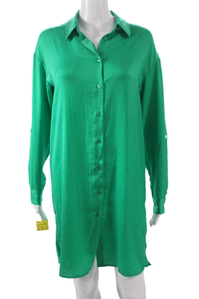 Renuar Womens Button Front Shirt Dress Green Long Sleeve Collared Size L