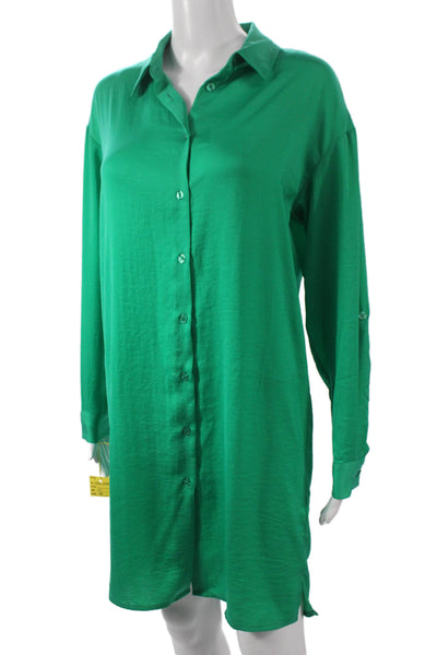 Renuar Womens Button Front Shirt Dress Green Long Sleeve Collared Size L