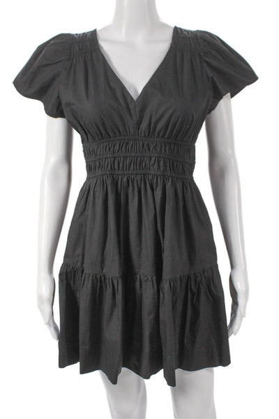 Marea Women Mini Black V-Neck Short Sleeve Cotton Dress Pullover Size XS