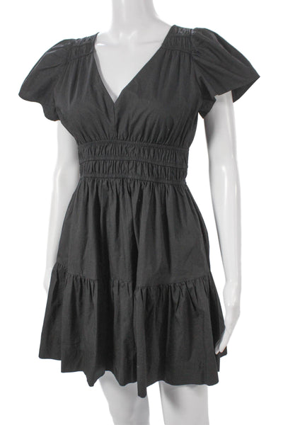 Marea Women Mini Black V-Neck Short Sleeve Cotton Dress Pullover Size XS