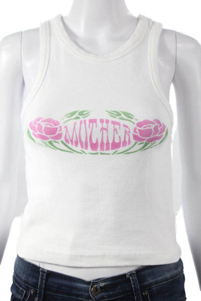 Mother Womens Basic Tank White Floral Round Neck Sleeveless Size S