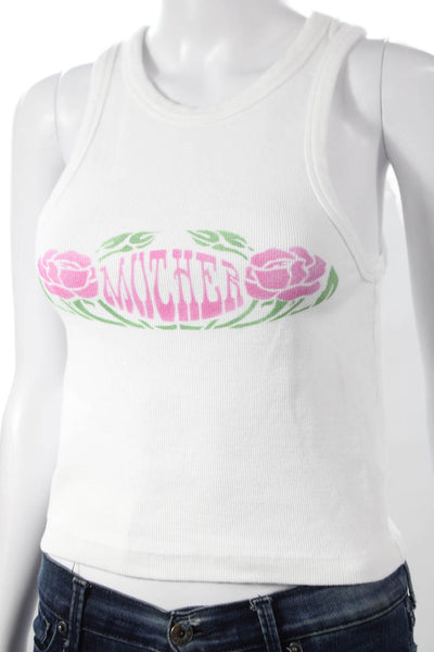 Mother Womens Basic Tank White Floral Round Neck Sleeveless Size S