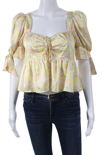 Wayf Women Cropped Blouse Yellow Floral Square Neck Short Sleeve Size M