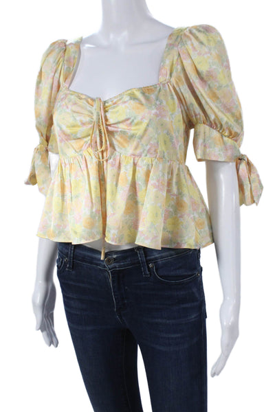 Wayf Women Cropped Blouse Yellow Floral Square Neck Short Sleeve Size M