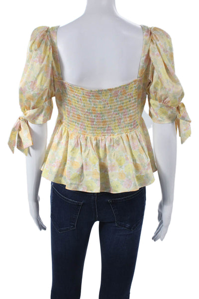 Wayf Women Cropped Blouse Yellow Floral Square Neck Short Sleeve Size M