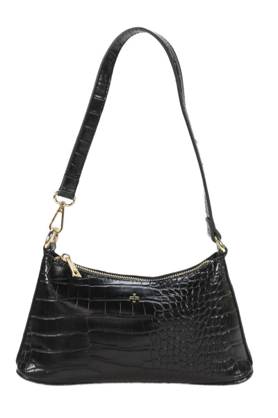 Peta+Jain Womens Crocodile Print Gold Tone Satchel Shoulder Handbag Black
