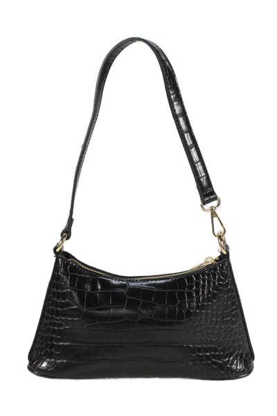 Peta+Jain Womens Crocodile Print Gold Tone Satchel Shoulder Handbag Black