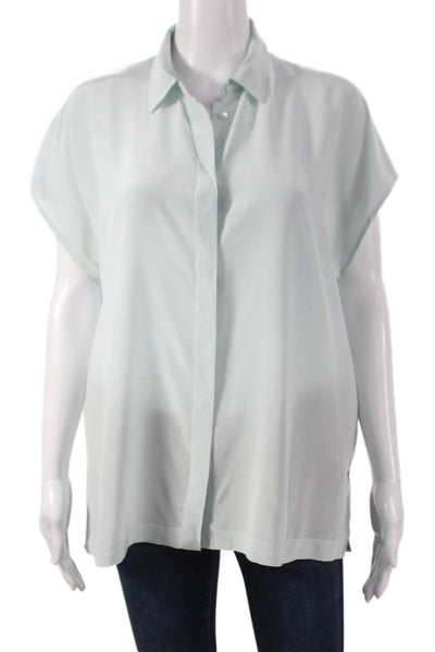 Vince Women Silk Collared Button Front Short Sleeve Blue Blouse Size M