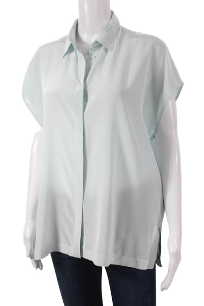 Vince Women Silk Collared Button Front Short Sleeve Blue Blouse Size M