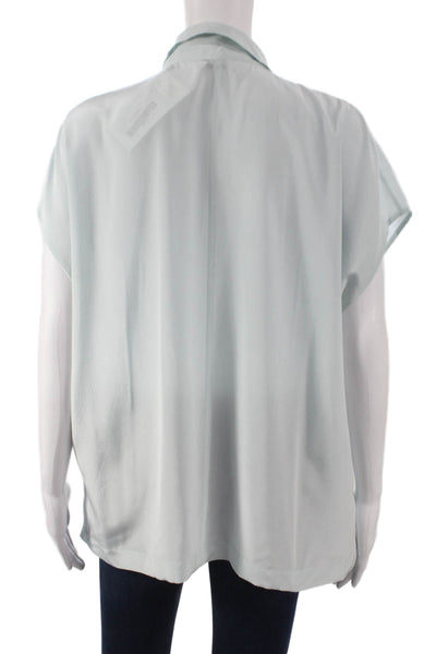 Vince Women Silk Collared Button Front Short Sleeve Blue Blouse Size M