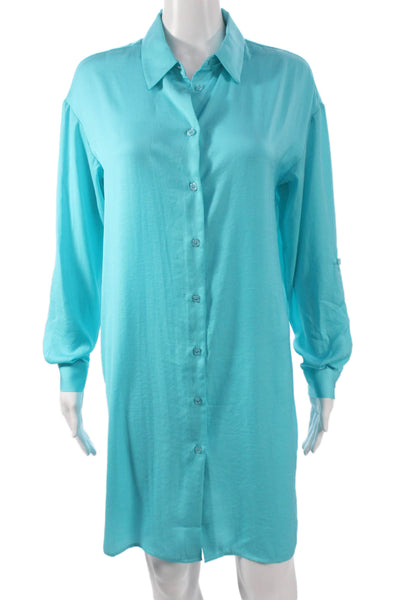 Renuar Women Button Front Collared Long Sleeve Blue Short Dress Size M