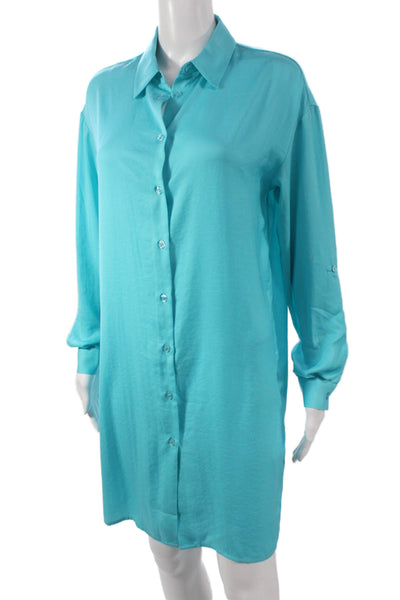 Renuar Women Button Front Collared Long Sleeve Blue Short Dress Size M