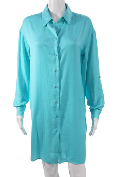 Renuar Women Petite Button Front Collared Long Sleeve Blue Dress Size S
