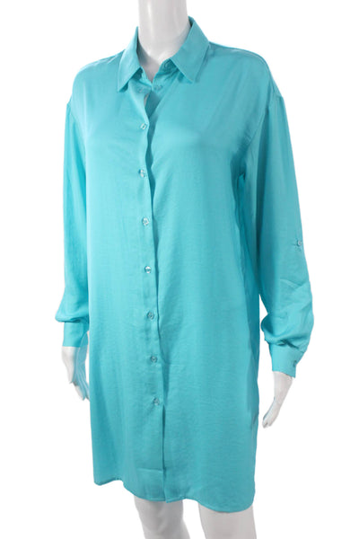Renuar Women Petite Button Front Collared Long Sleeve Blue Dress Size S
