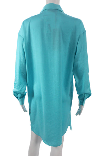 Renuar Women Petite Button Front Collared Long Sleeve Blue Dress Size S