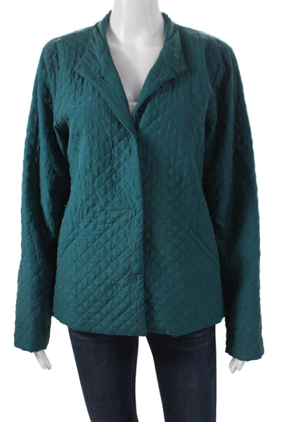 Eileen Fisher Womens Silk Green Argyle Button Basic Jacket Long Sleeve Size M