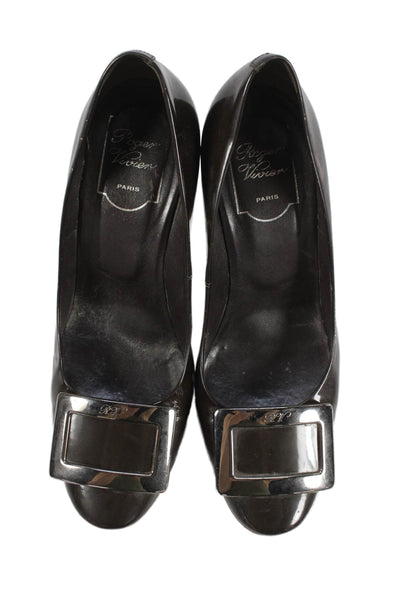 Roger Vivier Womens High Heel Logo Buckle Patent Leather Pumps Dark Brown 38.5