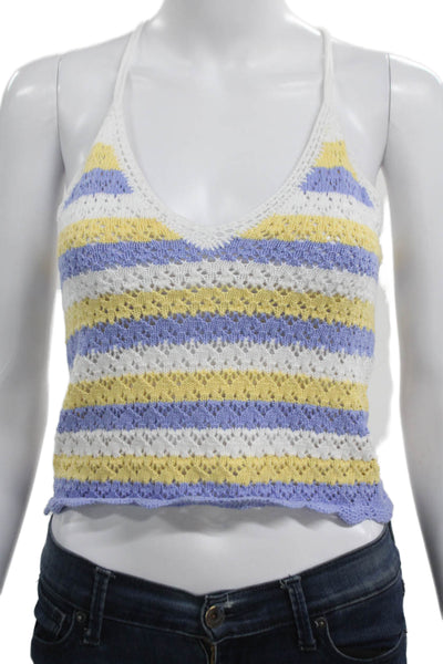 French Connection Women Cropped Halter Striped Cotton Tank White Size XS