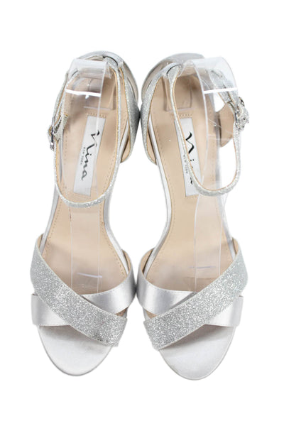 Nina Women's Open Toe Glitter Ankle Strap Leather Sandals Silver Size 7