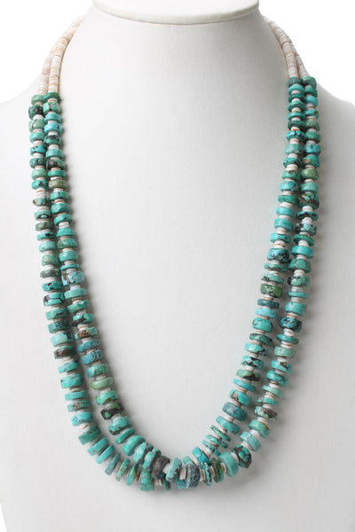 Designer Womens Turquoise + Shell Beaded Two Layer Necklace 30"