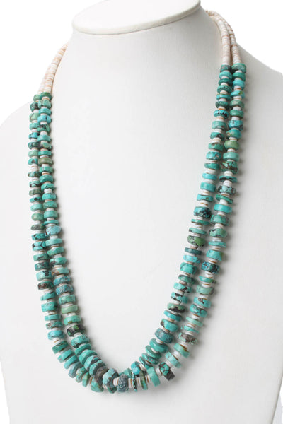 Designer Womens Turquoise + Shell Beaded Two Layer Necklace 30"