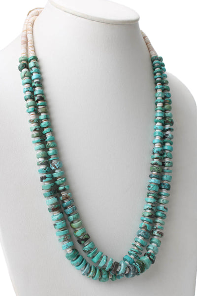 Designer Womens Turquoise + Shell Beaded Two Layer Necklace 30"