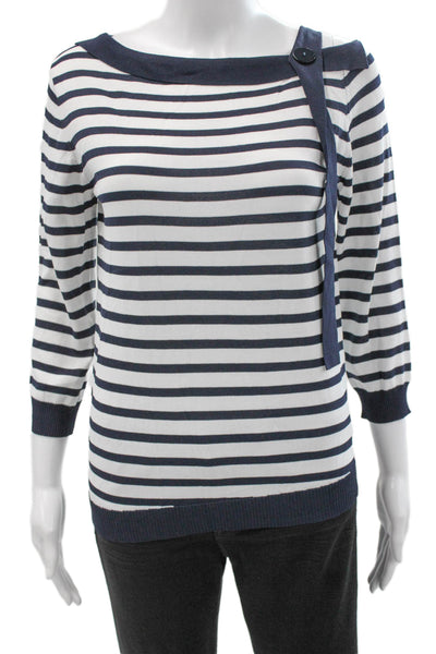 Anis White Women Pullover Sweater White Striped Boat Neck 3/4 Sleeve Size M