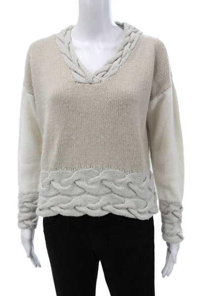 Sharis Place Women Cashmere Blend V-Neck Cable Knit Pullover Beige Size S