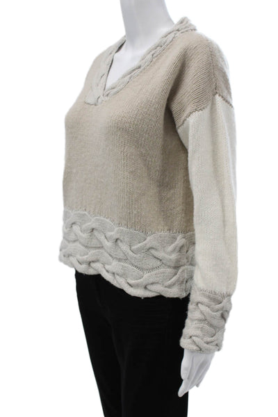 Sharis Place Women Cashmere Blend V-Neck Cable Knit Pullover Beige Size S