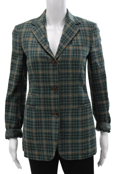 Sharis Place Womens Basic Jacket Multicolor Check Wool Silk Button Size 40