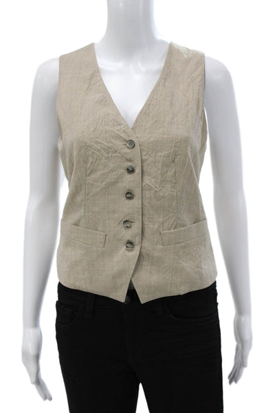 QL2 Women Beige Wool V-Neck Button Vest Sleeveless Solid Fall Size 42