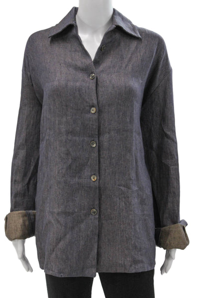 QL2 Women Tunic Button-Up Long Sleeve Linen Collared Gray Herringbone Size 42