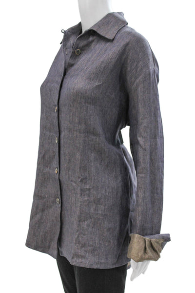 QL2 Women Tunic Button-Up Long Sleeve Linen Collared Gray Herringbone Size 42