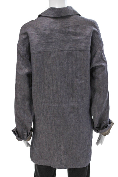 QL2 Women Tunic Button-Up Long Sleeve Linen Collared Gray Herringbone Size 42