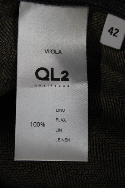 QL2 Women Tunic Button-Up Long Sleeve Linen Collared Gray Herringbone Size 42