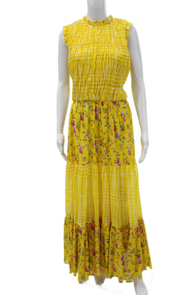 Paola Zuin Women Yellow Floral Check Maxi Dress Sleeveless High Neck Size 40