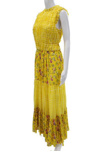 Paola Zuin Women Yellow Floral Check Maxi Dress Sleeveless High Neck Size 40