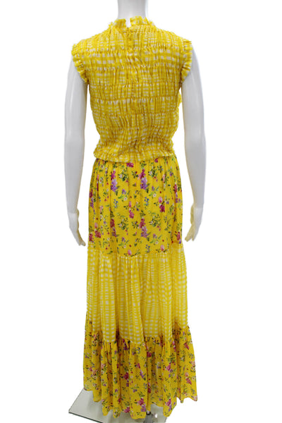 Paola Zuin Women Yellow Floral Check Maxi Dress Sleeveless High Neck Size 40