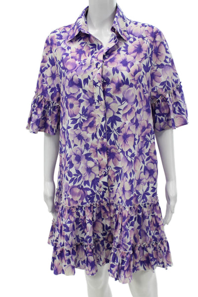 Paola Zuin Women Shirt Dress Purple Floral Collared Half Sleeve Cotton Size 40