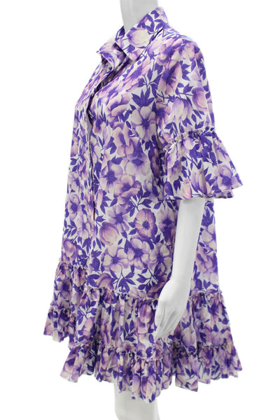 Paola Zuin Women Shirt Dress Purple Floral Collared Half Sleeve Cotton Size 40