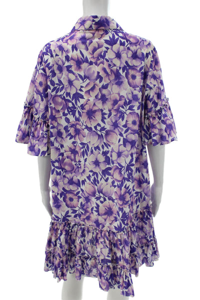 Paola Zuin Women Shirt Dress Purple Floral Collared Half Sleeve Cotton Size 40