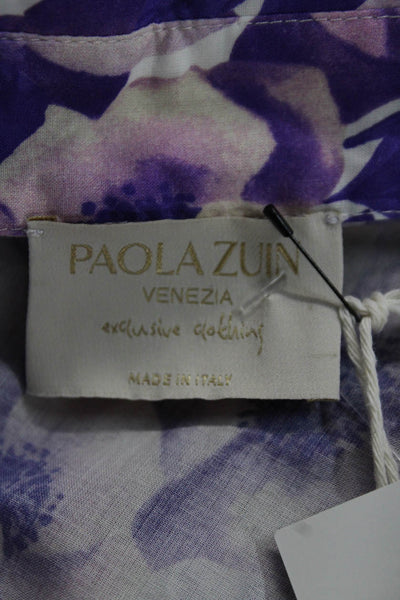 Paola Zuin Women Shirt Dress Purple Floral Collared Half Sleeve Cotton Size 40
